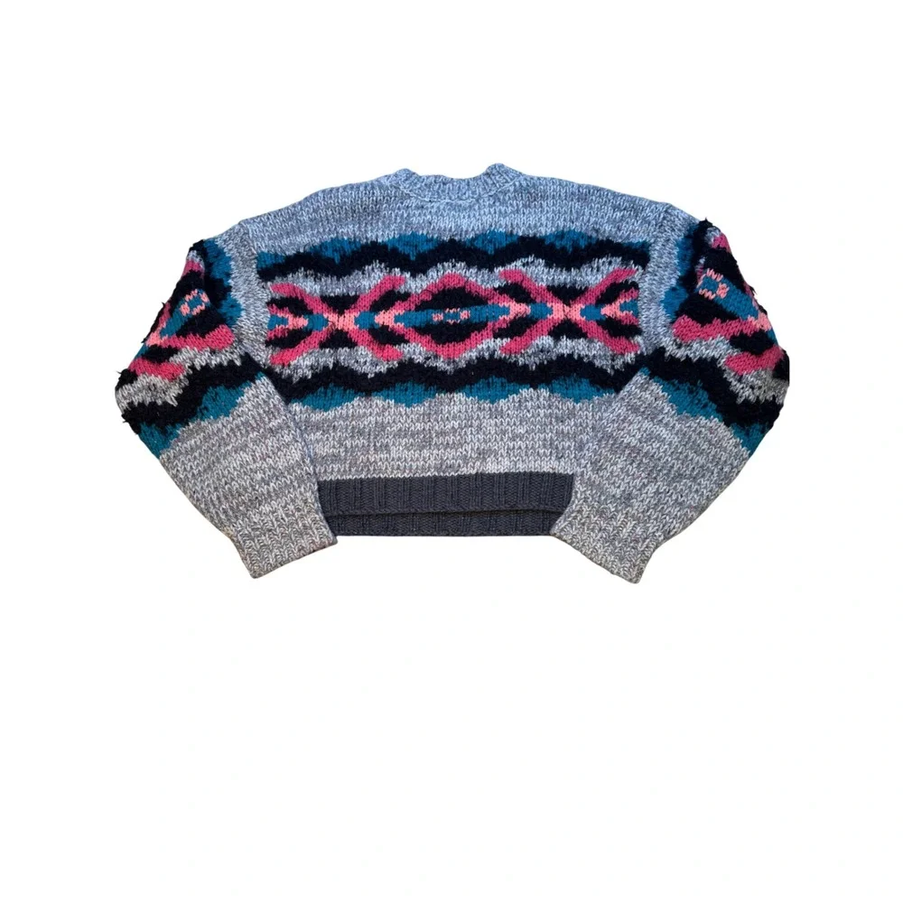 Free People Grey Pink Teal Geometric Intarsia Wool Alpaca Blend‎ Cropped Sweater